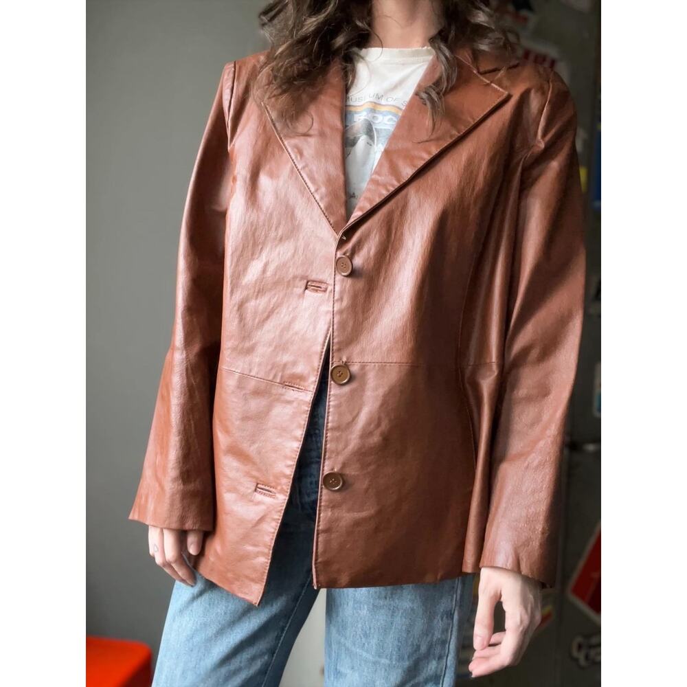 Vintage Brown Leather Blazer | Cognac Brown 3-Button Jacket | Size XL - Picture 2 of 8
